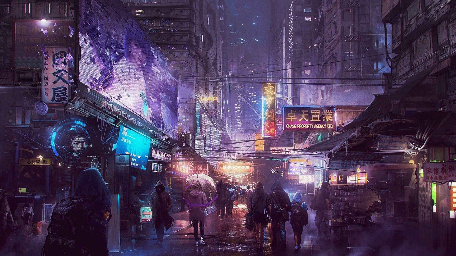A vibrant cyberpunk city street at night, bustling with people under neon signs and holographic advertisements. Rain glistens on the pavement, reflecting the colorful lights