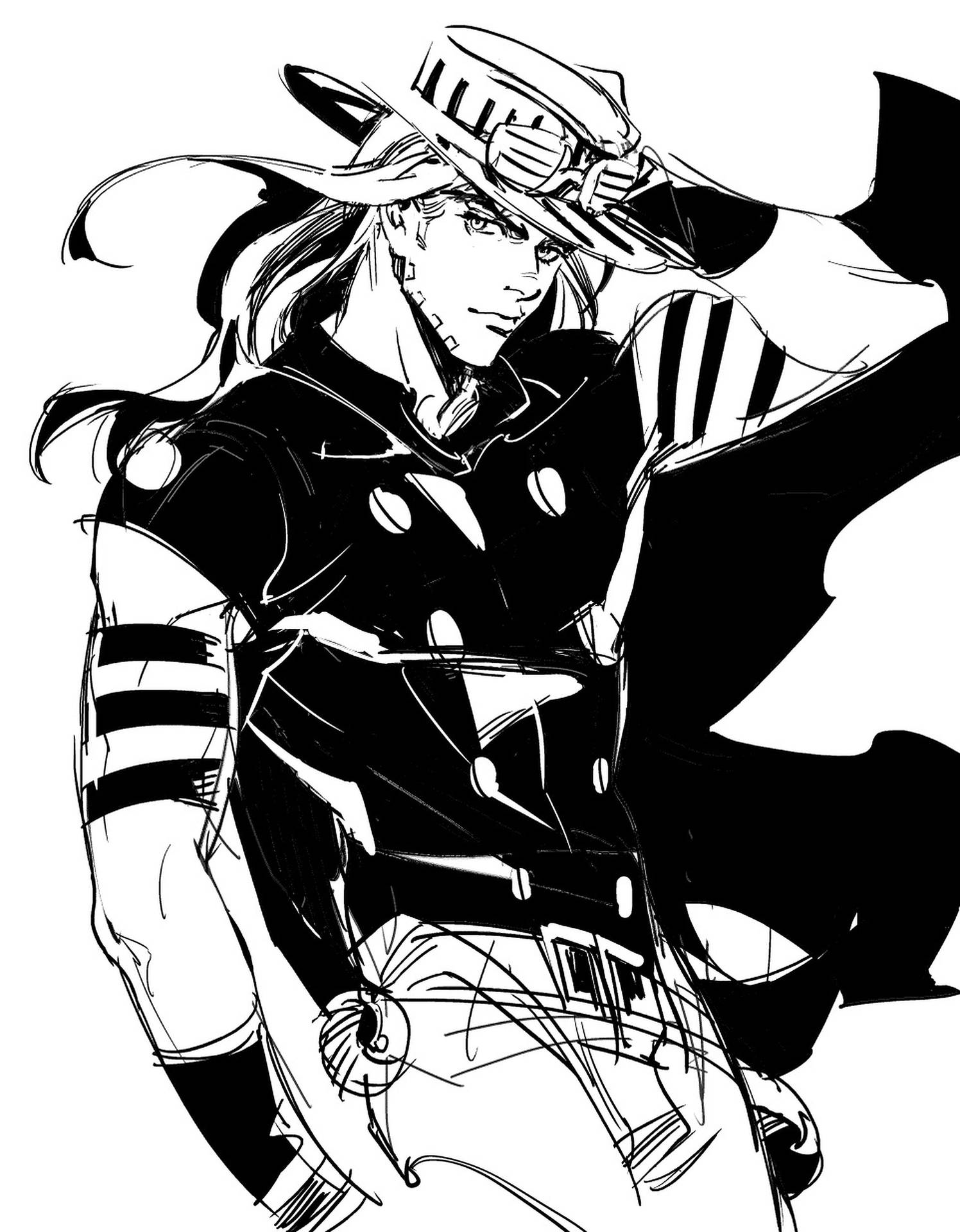 A dynamic black and white sketch of Gyro Zeppeli from JoJo's Bizarre Adventure, tipping his hat with a confident smirk. His long hair flows behind him, and details of his unique attire are highlighted