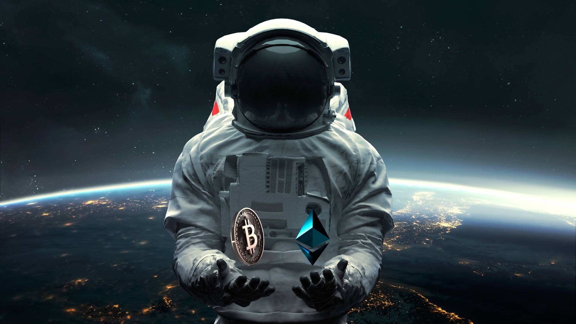 Astronaut in space showcasing Bitcoin and Ethereum cryptocurrencies with Earth in the background