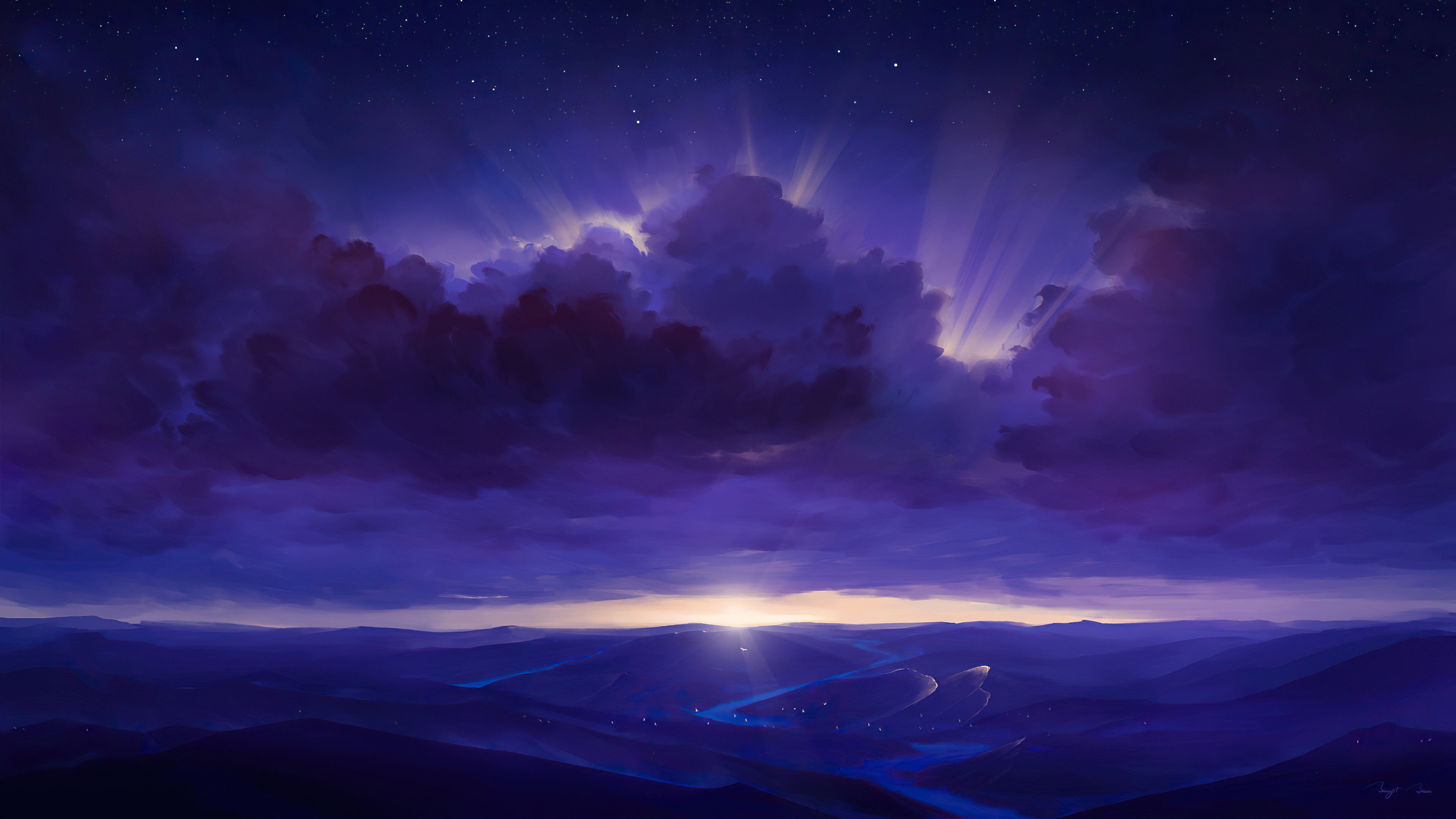 Purple Rays Sky Stars Digitalart River 4k Laptop HD Wallpaper