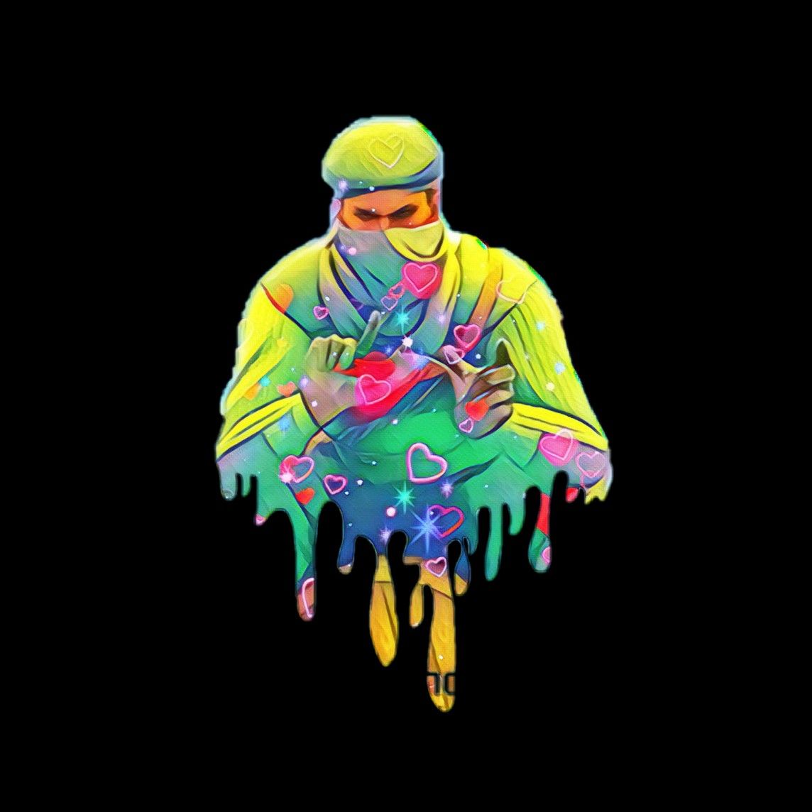 A vibrant, stylized illustration of a Standoff 2 character, seemingly a terrorist or counter-terrorist operative, depicted in a 'melting' or dripping effect against a black background. The character holds an unseen object, possibly a weapon or gadget, and is adorned with neon colors, hearts, and sparkles