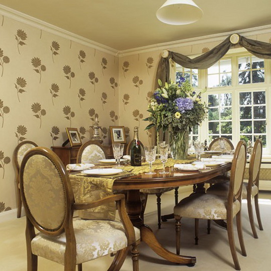 Free download Yellow retro dining room with floral wallpaper Dining