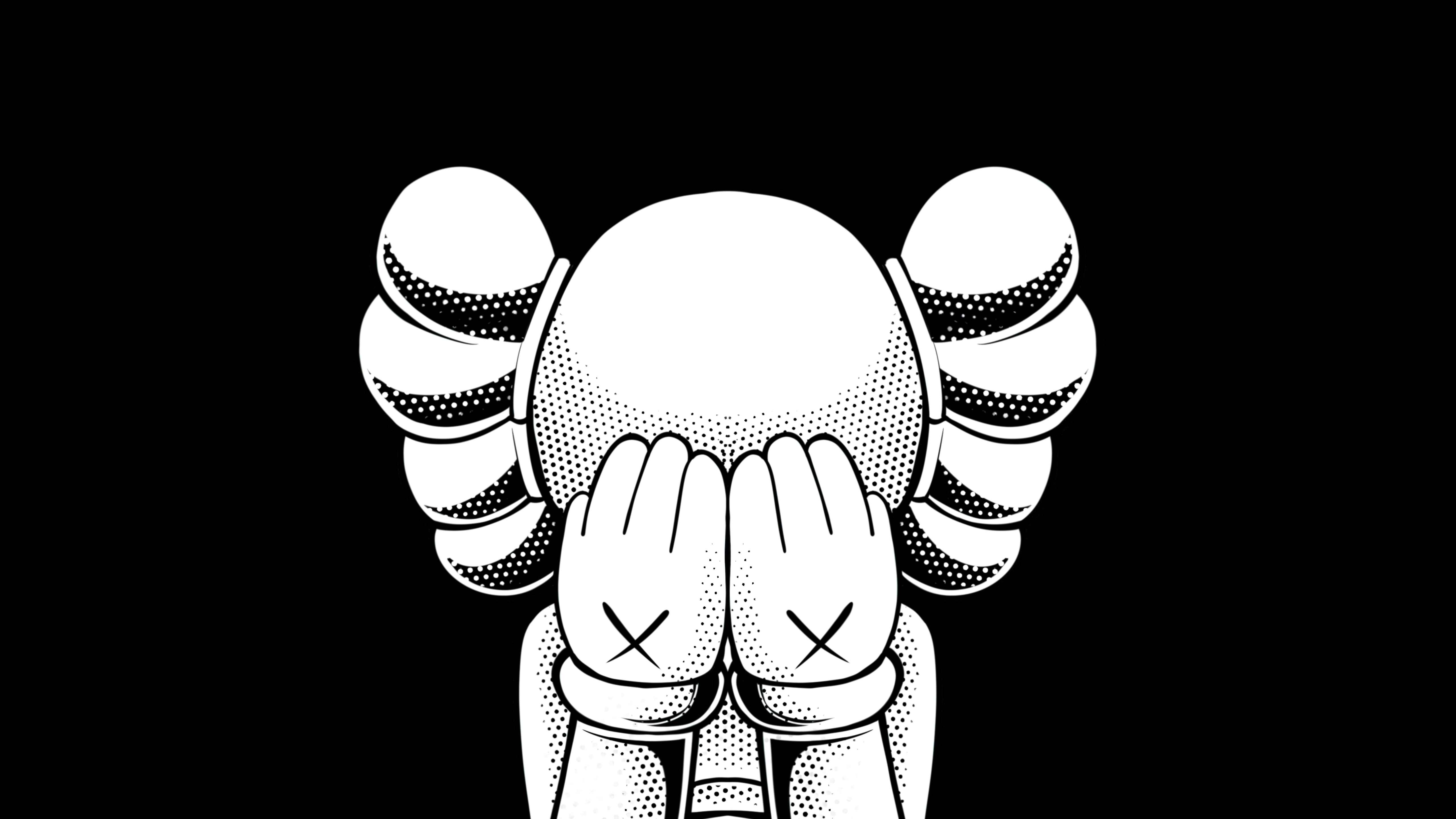 Black and white graphic of a Kaws Companion figure covering its face with its hands against a black background