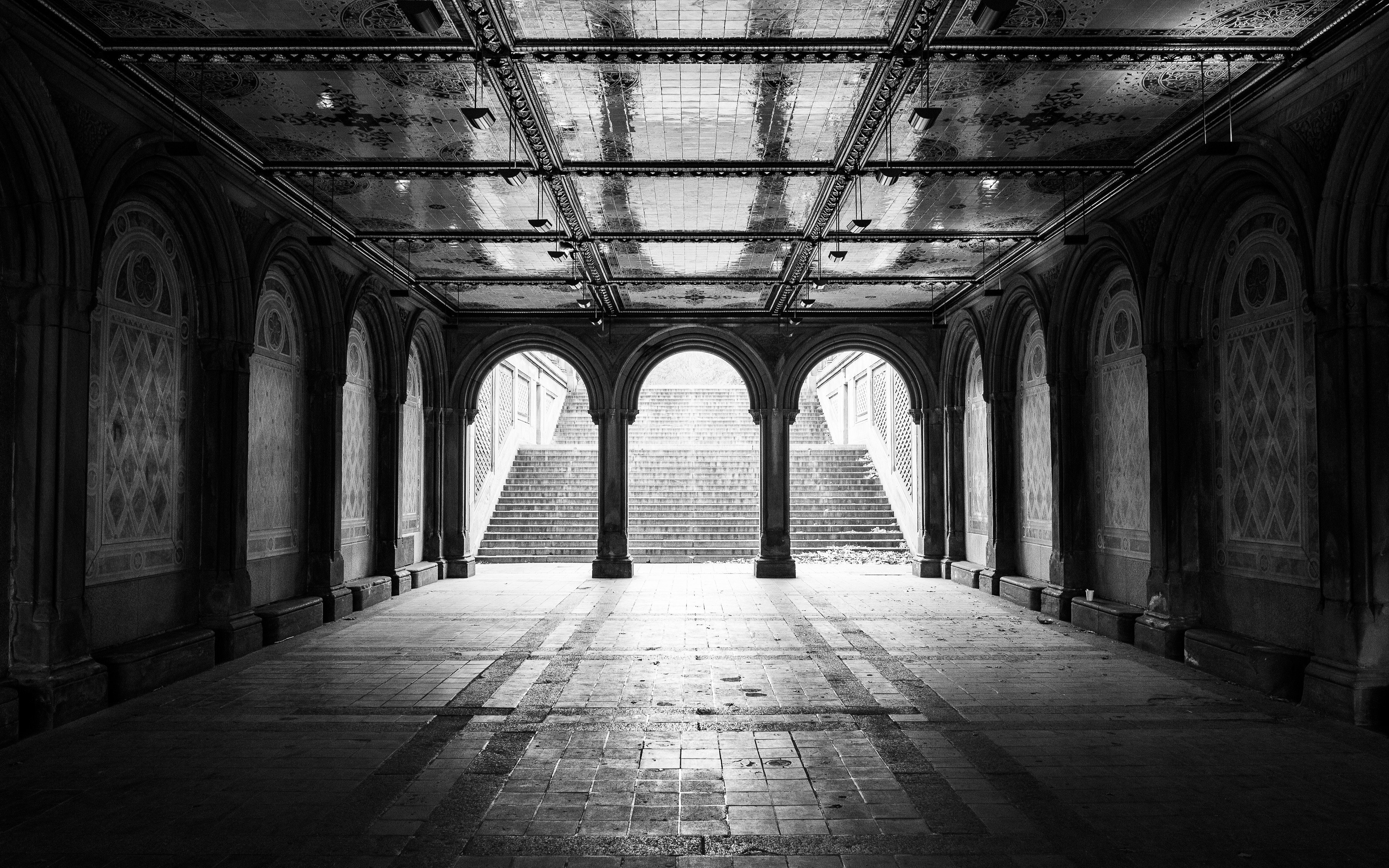 Architecture New York City Grayscale Arches Staircase Wallpaper
