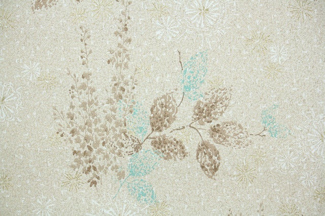 Old S Vintage Wallpaper Mid Century Aqua And Brown Leaves