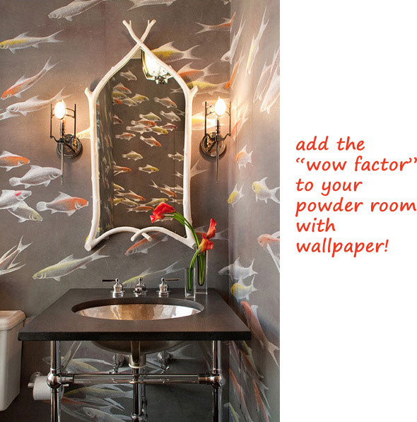 modern bathroom powder room koi goldfish wallpaper covering gray