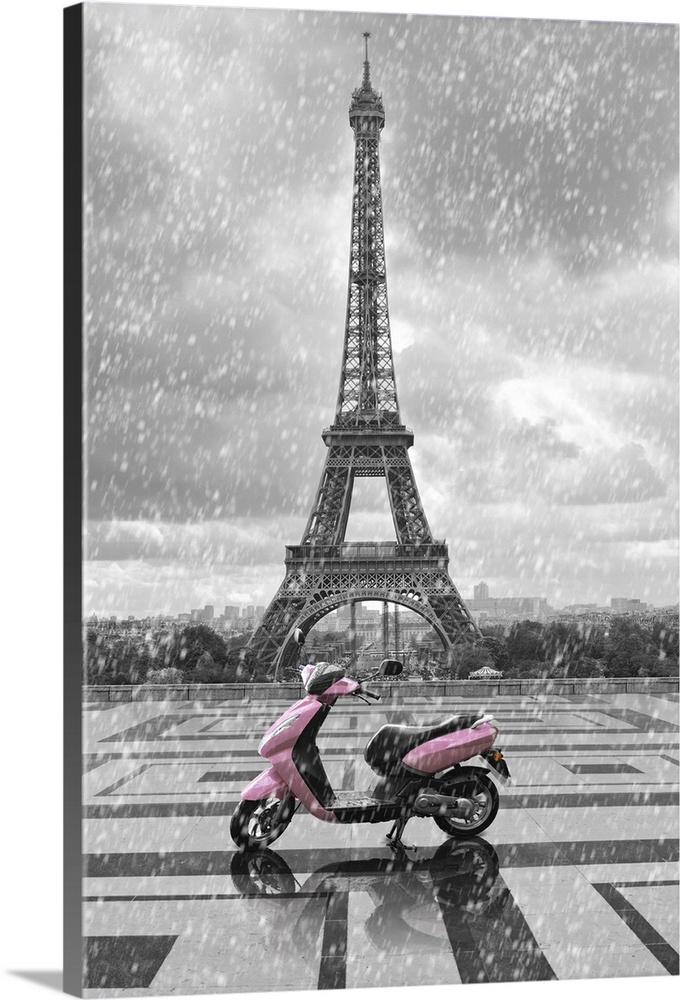 Eiffel Tower In The Rain With Pink Scooter Of Paris Black And
