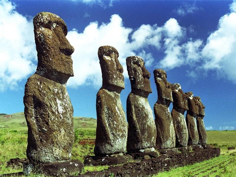 Clouds Landscapes Grass Statues Easter Island Moai Wallpaper