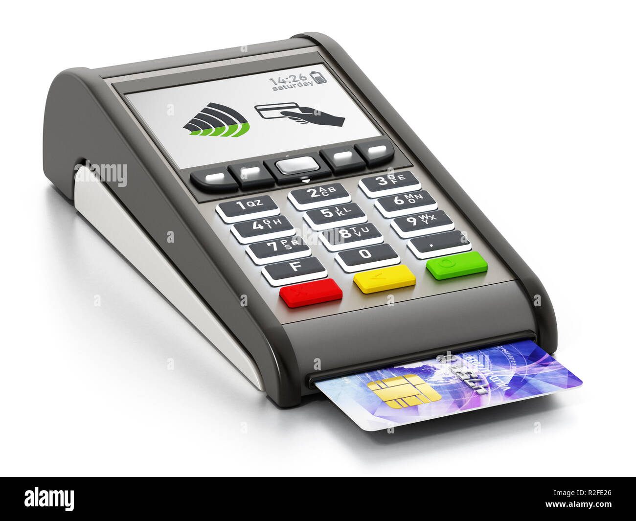 POS machine and credit card isolated on white background 3D