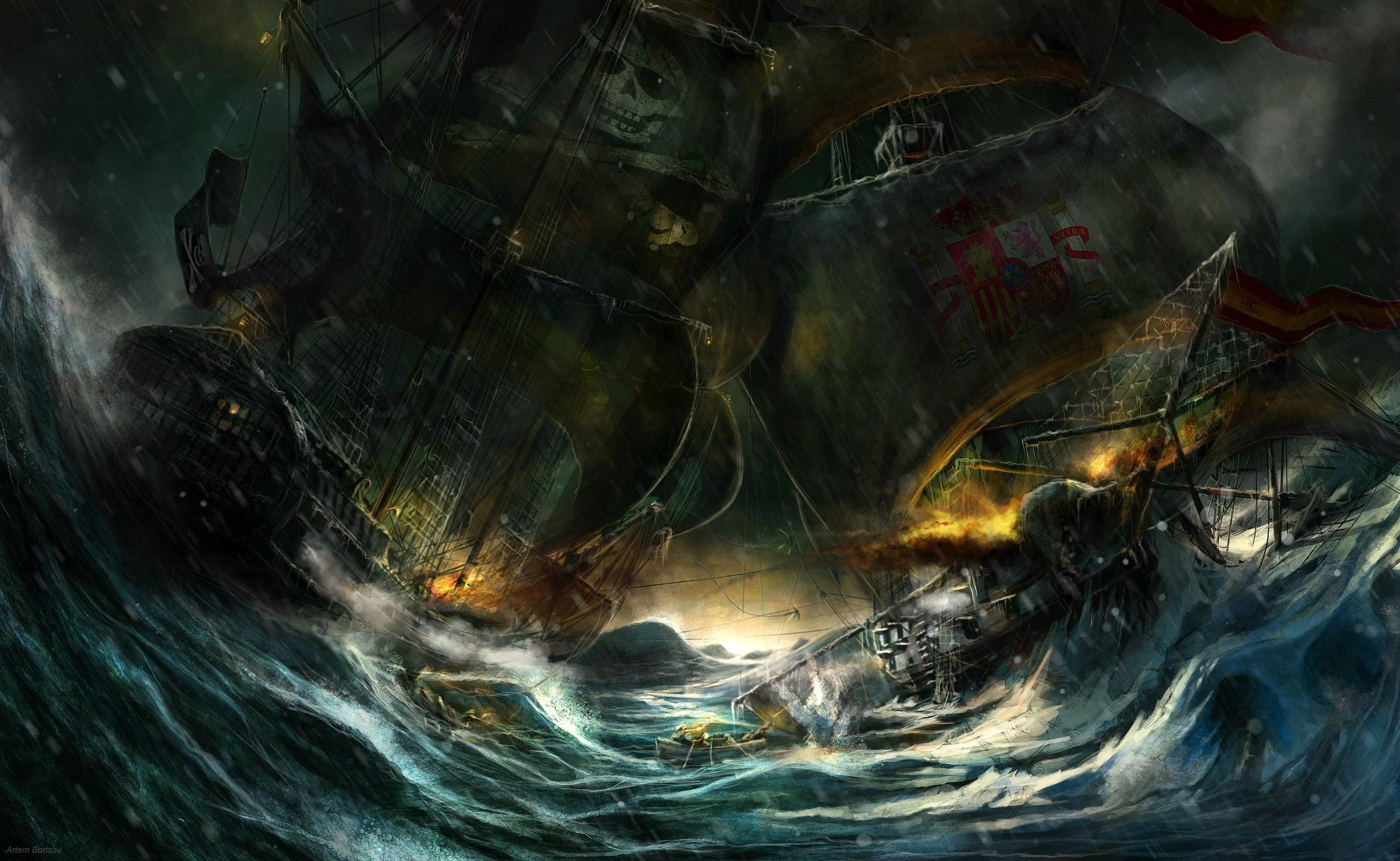 Pirates Ships In A Storm Pirate War Art Anime