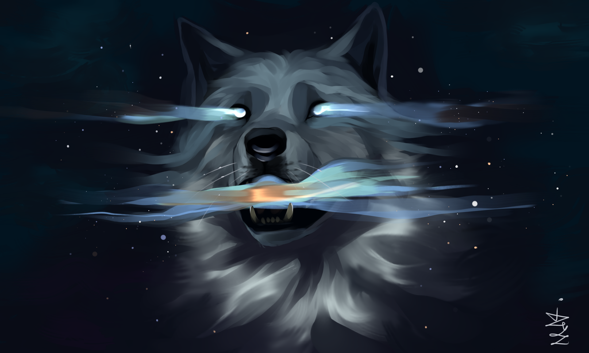 A majestic wolf emerges from a cosmic backdrop, its eyes glowing with an otherworldly light. Swirls of nebulae and stardust weave through its fur, creating an ethereal and captivating portrait