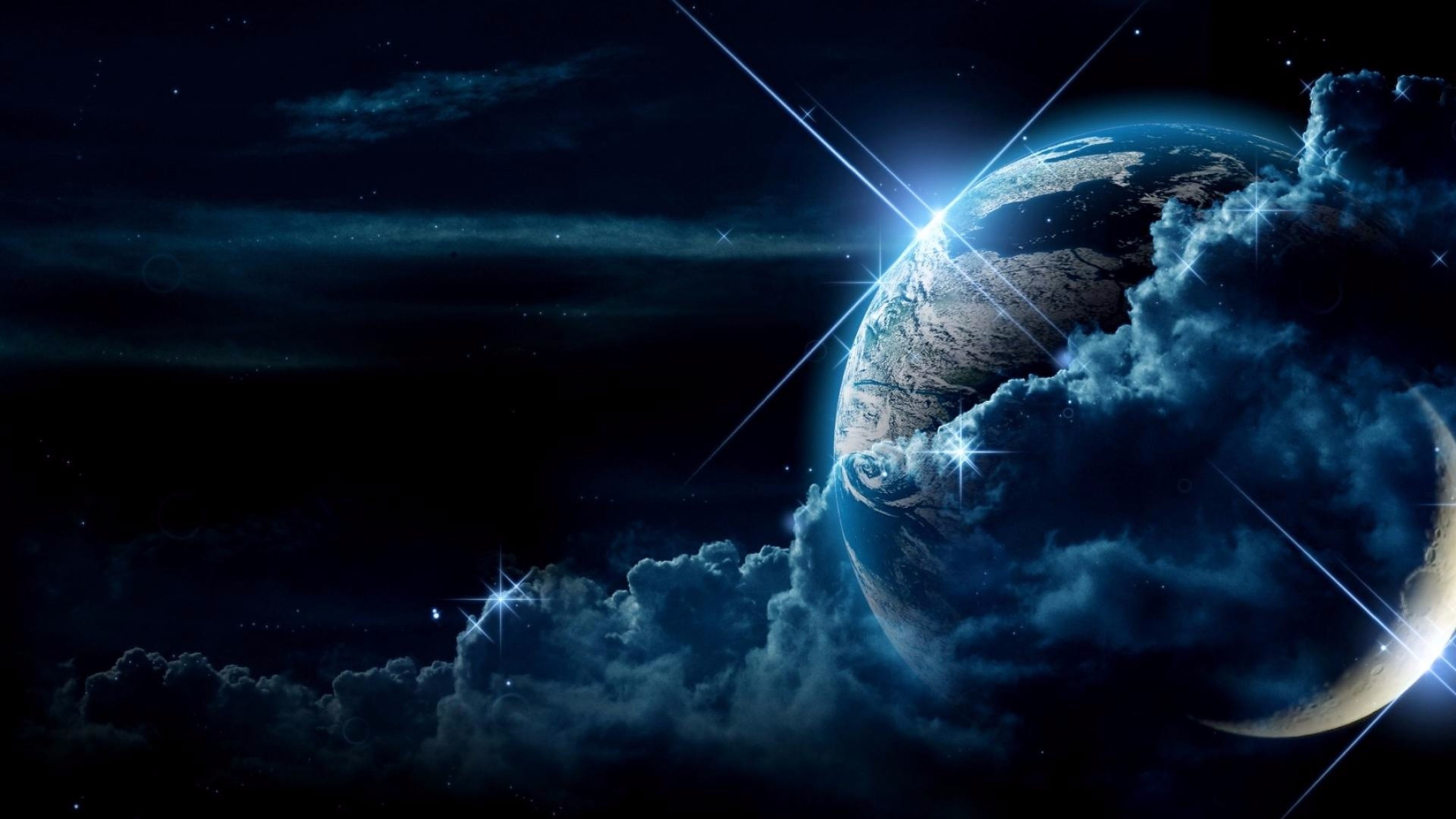 A breathtaking 4k wallpaper of Earth from space, shrouded in dark blue clouds and illuminated by starlight. A crescent moon peeks from behind the planet, adding to the cosmic scene
