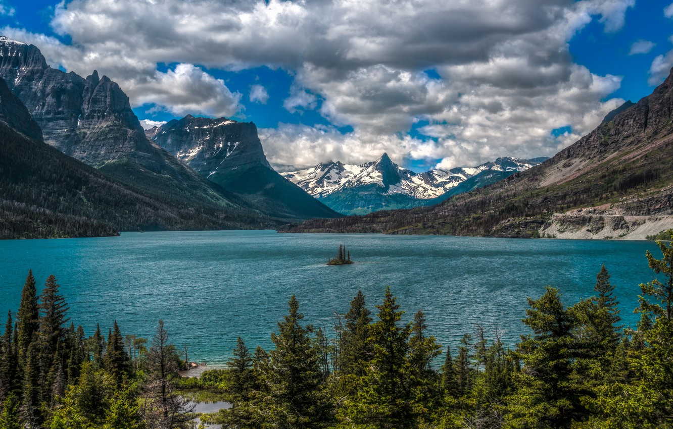 Wallpaper Clouds Mountains Lake Montana Island Glacier