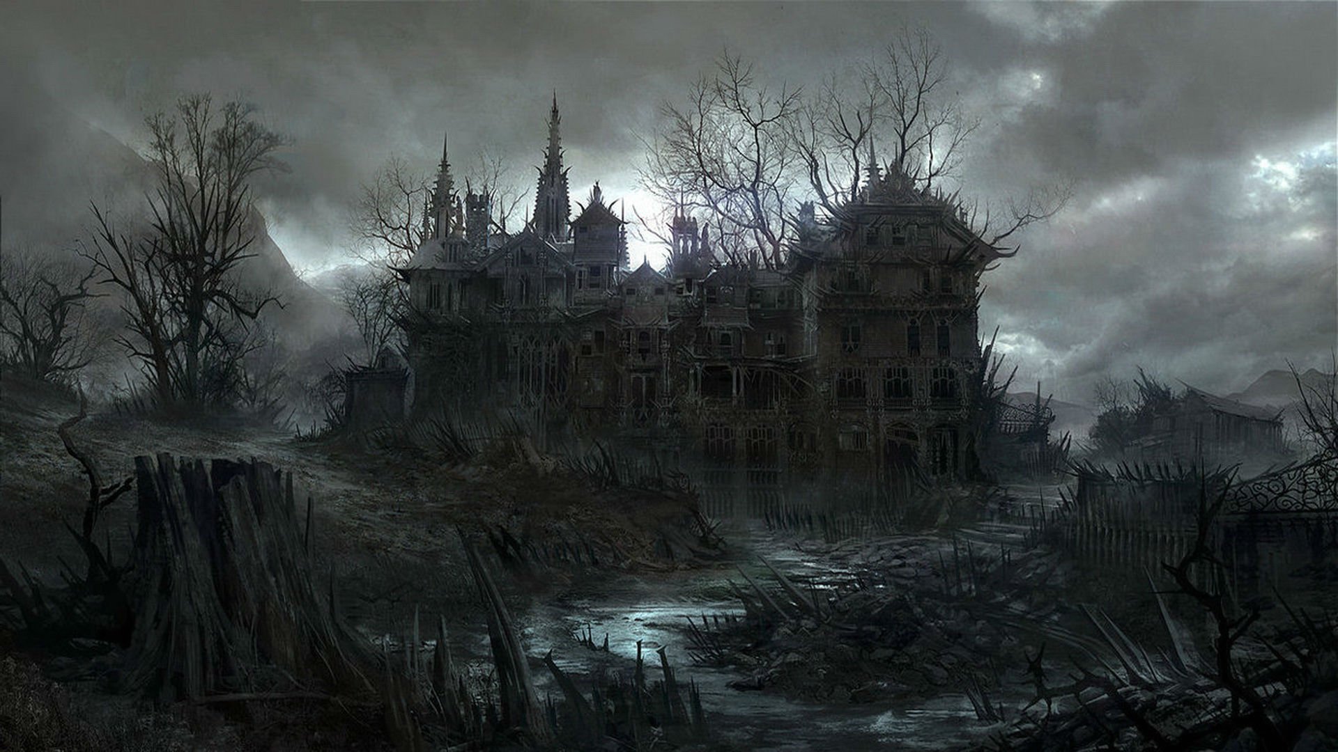 HALLOWEEN dark haunted house spooky wallpaper background