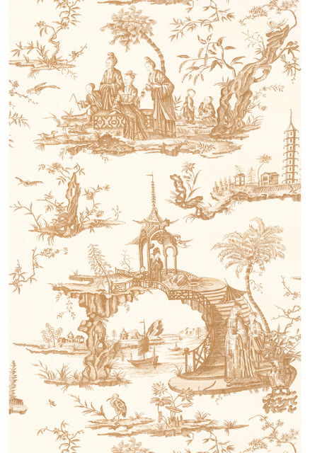Brewster Beige Chinoiserie Toile Wallpaper Contemporary