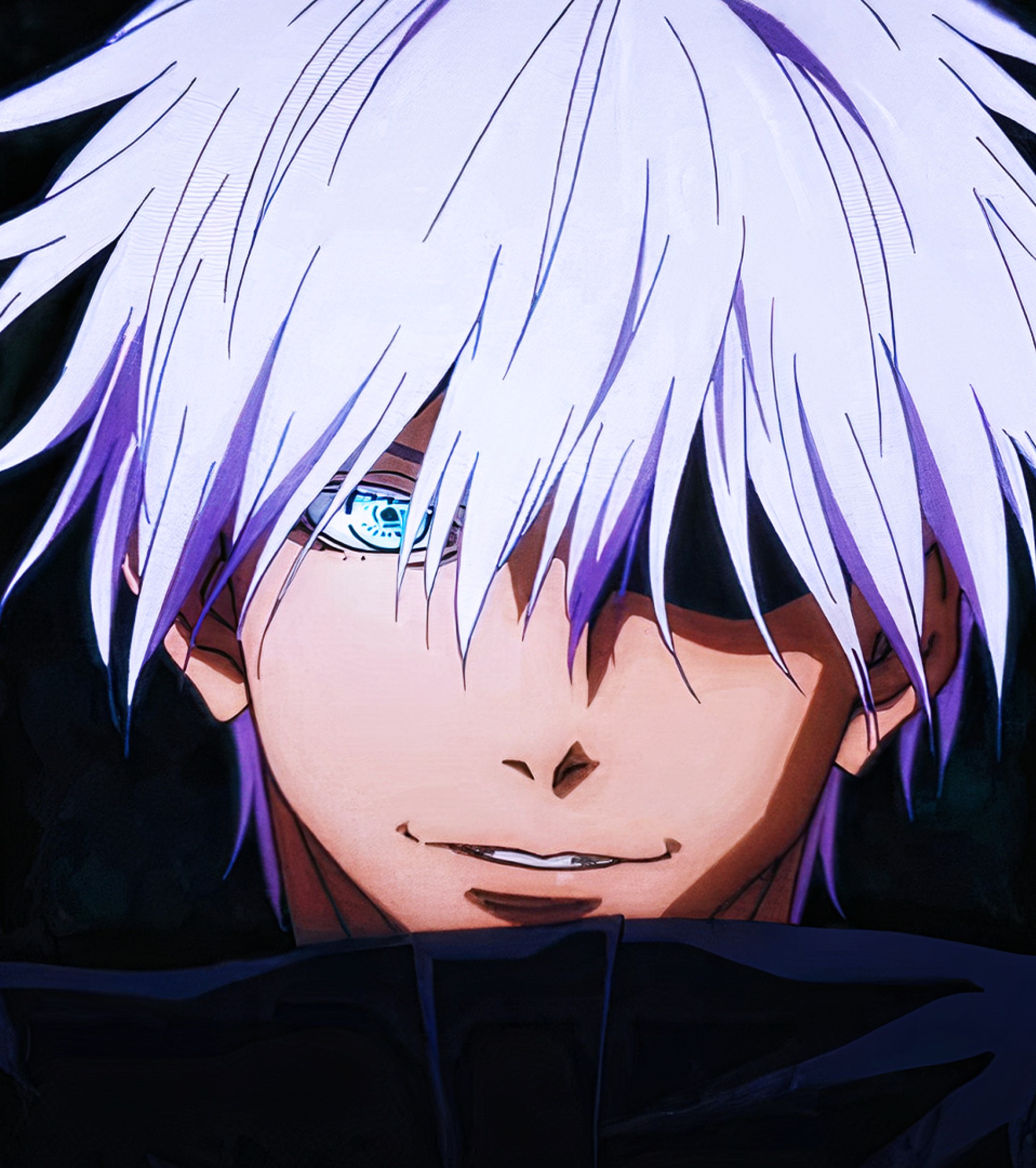 Close-up of Gojo Satoru with his one eye visible, from the anime Jujutsu Kaisen. This stylized portrait emphasizes his striking features and confident demeanor