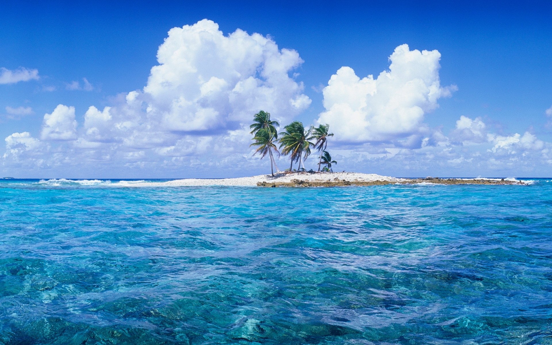A small, secluded island paradise with white sand, palm trees, and crystal-clear turquoise water