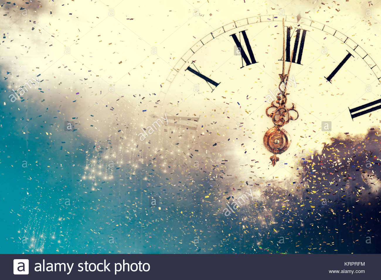 Abstract background with fireworks and clock close to midnight