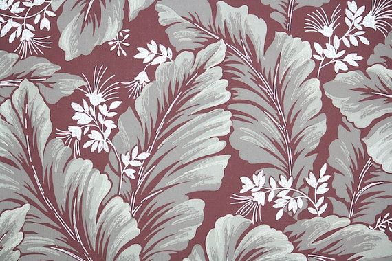 1940s Vintage Wallpaper   Gray Leaves and White flowers on Burgundy