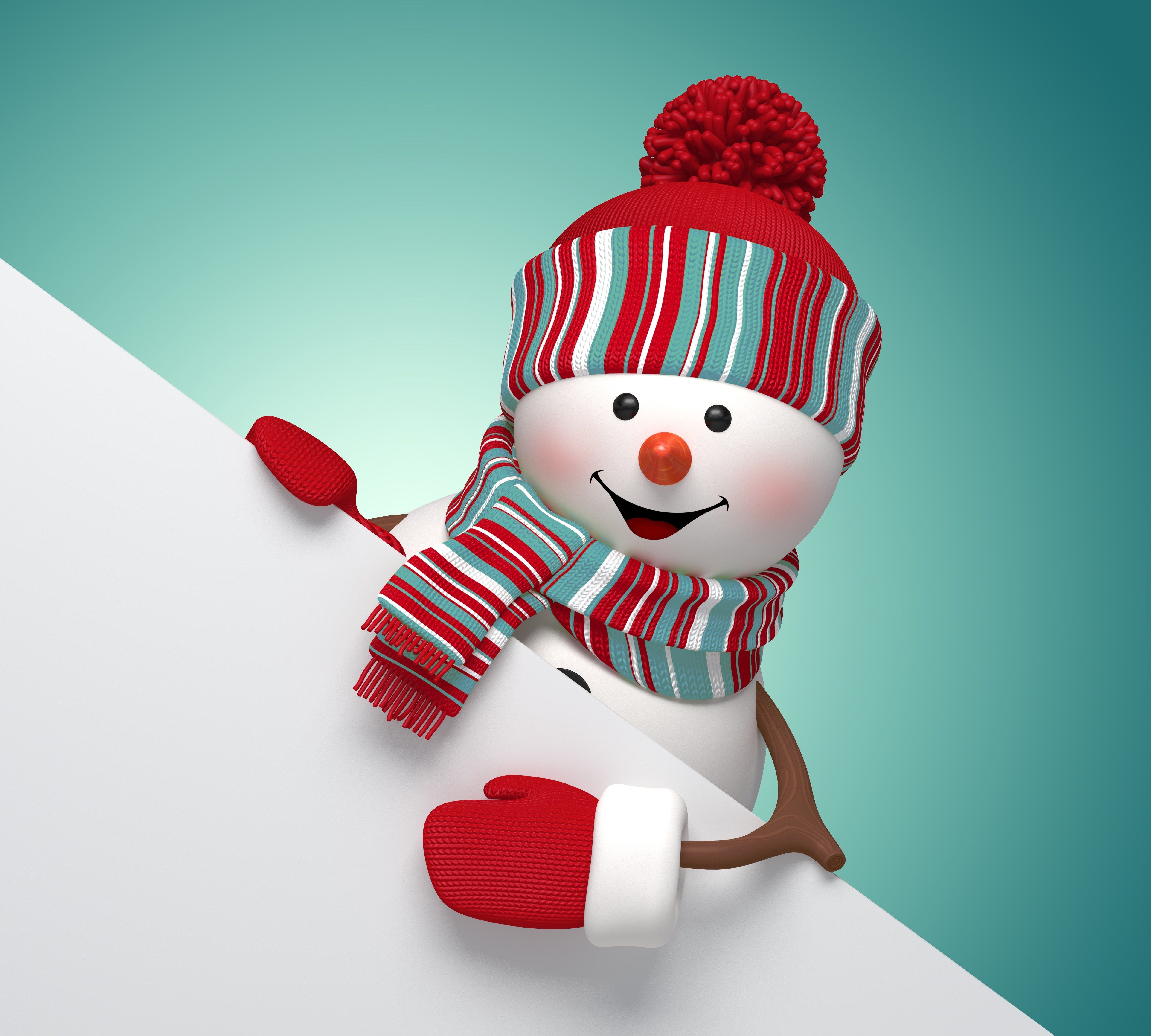 A cheerful snowman peeks over a blank white sign, wearing a red and green striped hat and scarf, and red mittens, against a teal background. Perfect for winter or Christmas-themed projects