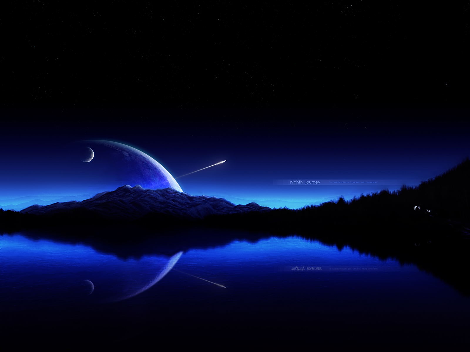 A breathtaking night scene with a large planet, a crescent moon, a shooting star, and a serene lake reflecting the celestial bodies and a shadowy landscape