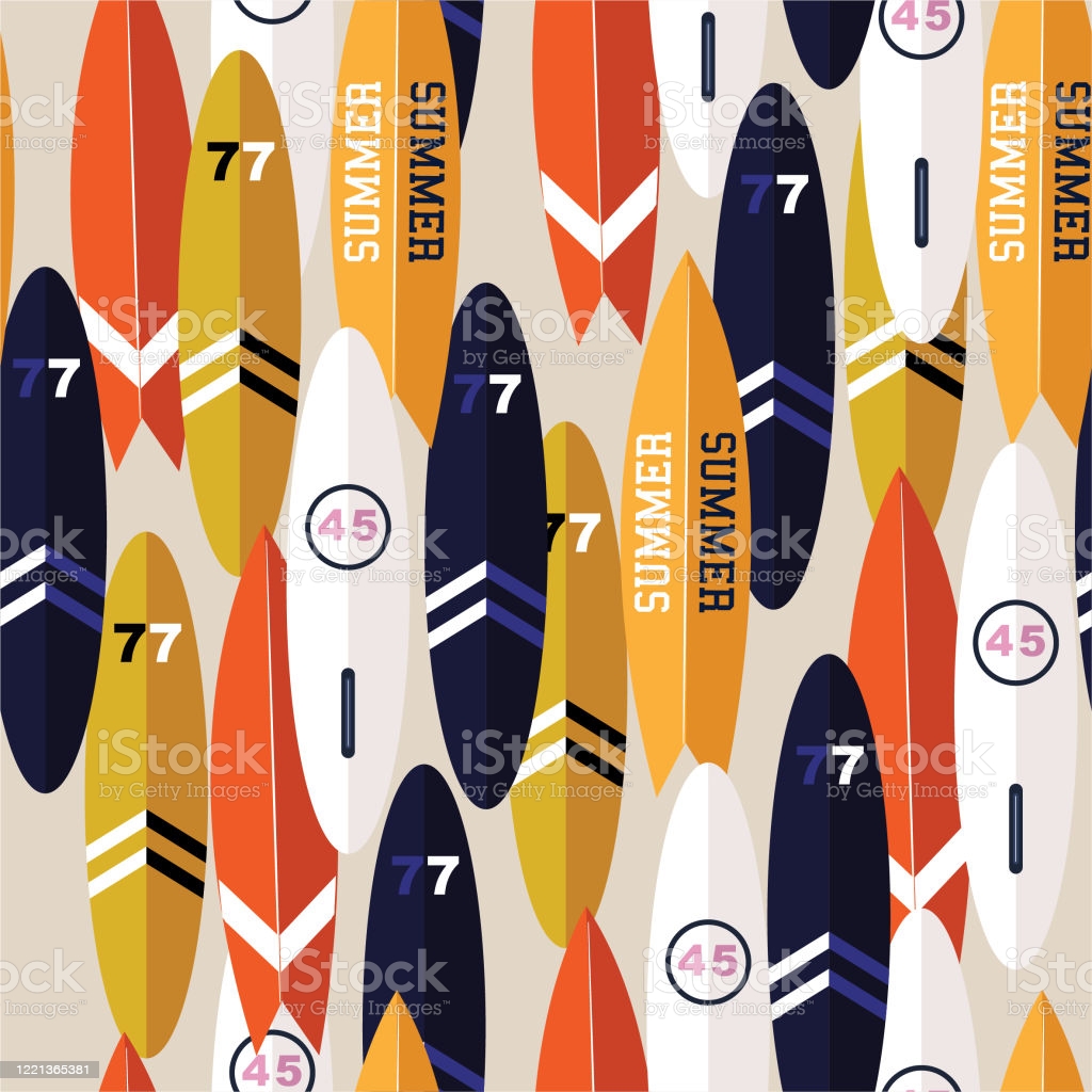 Colorful Seamless Pattern With Sport Surfboards On Light Beige