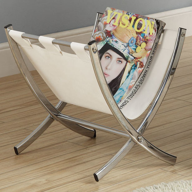 White Leather LookChrome Metal Magazine Rack contemporary magazine