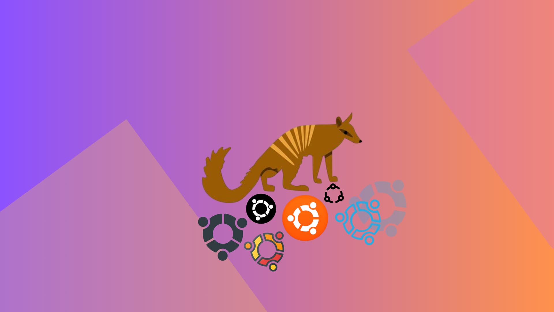 A numbat, the emblem of Ubuntu Kylin, atop a collection of Ubuntu logos
