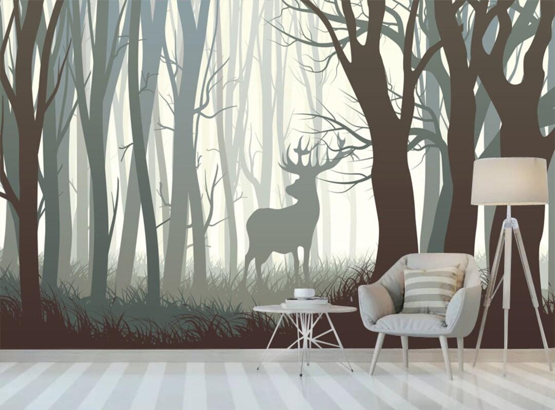 3d Forest Deer Mural Wallpaper Trees Peel And Stick