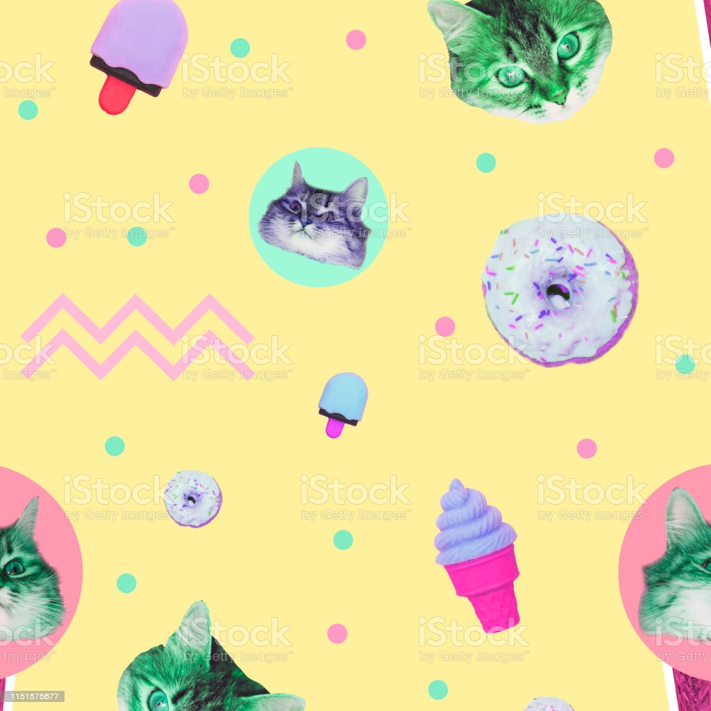 Pattern Of Ice Creams Cat Heads Donuts And Geometry Elements Stock