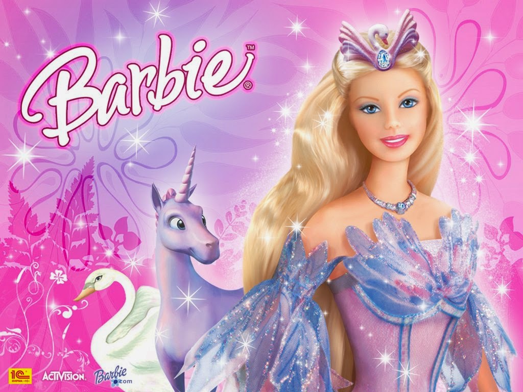 Barbie as a princess with a unicorn and a swan in a magical setting