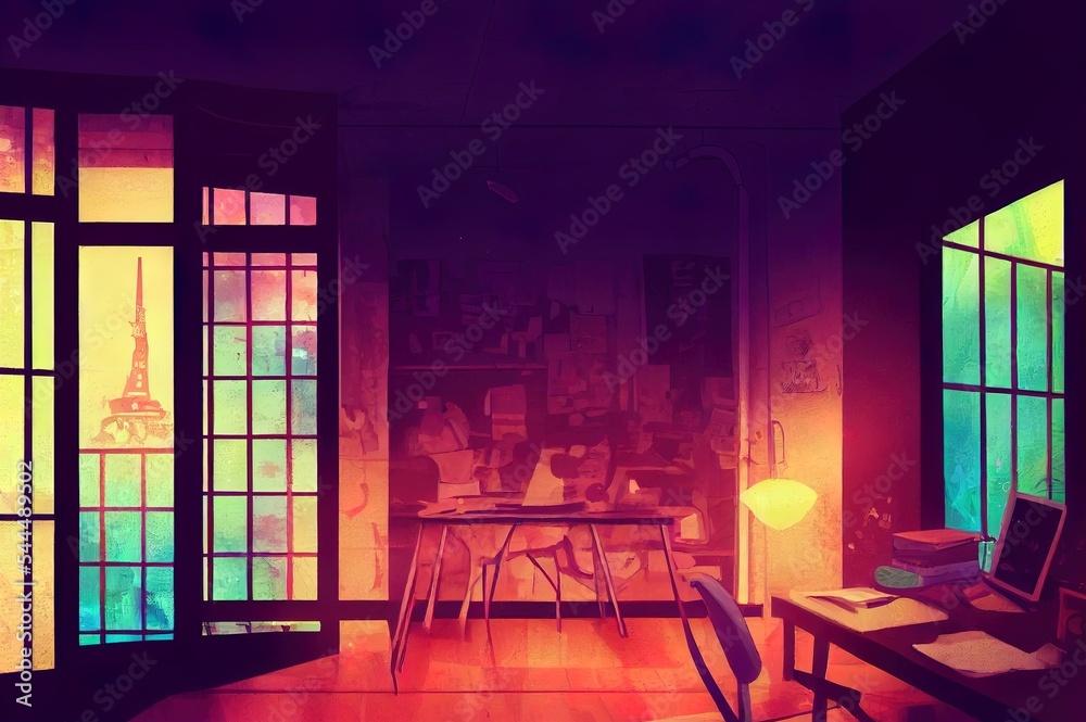 Window Of A City At Night Lofi Anime Manga Style Desk To