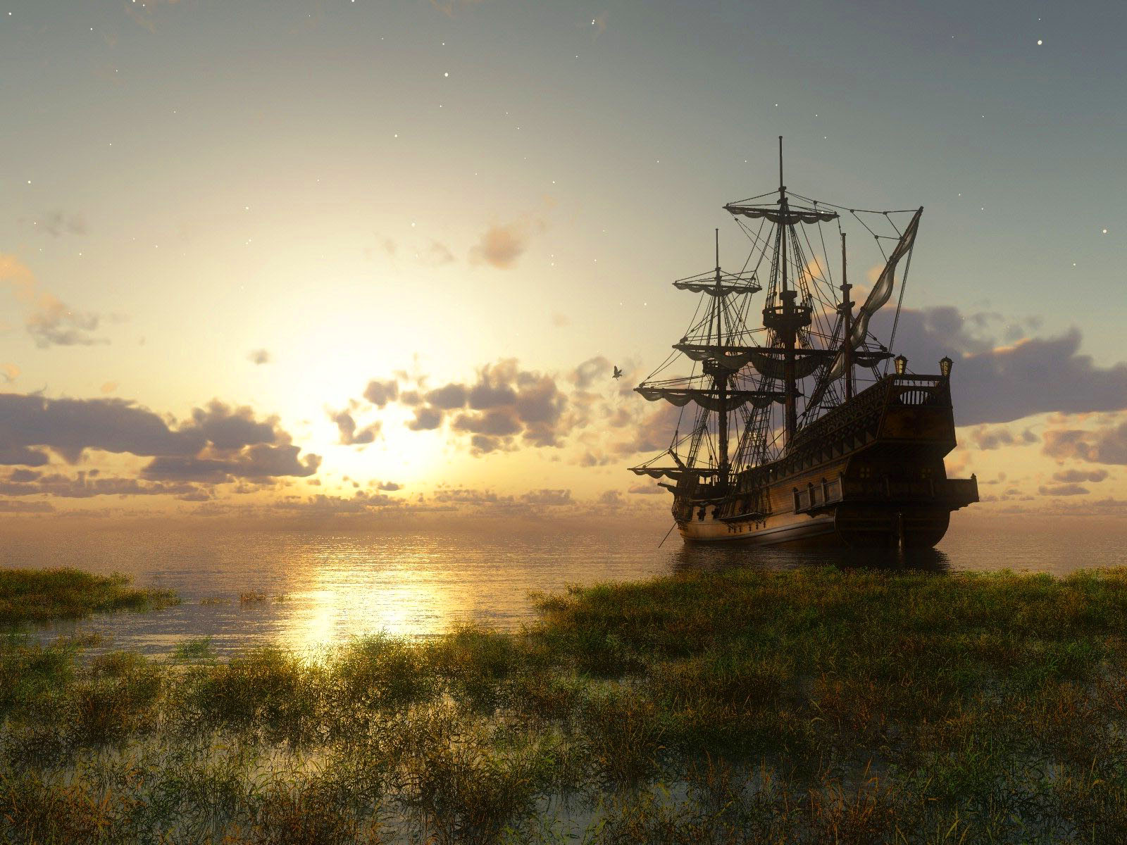Old Ship At Sunset Near Swamp The Coast Wallpaper