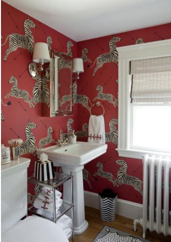 Liz Caan Scalamandre Zebras Wallpaper Powder Room Red Jpg