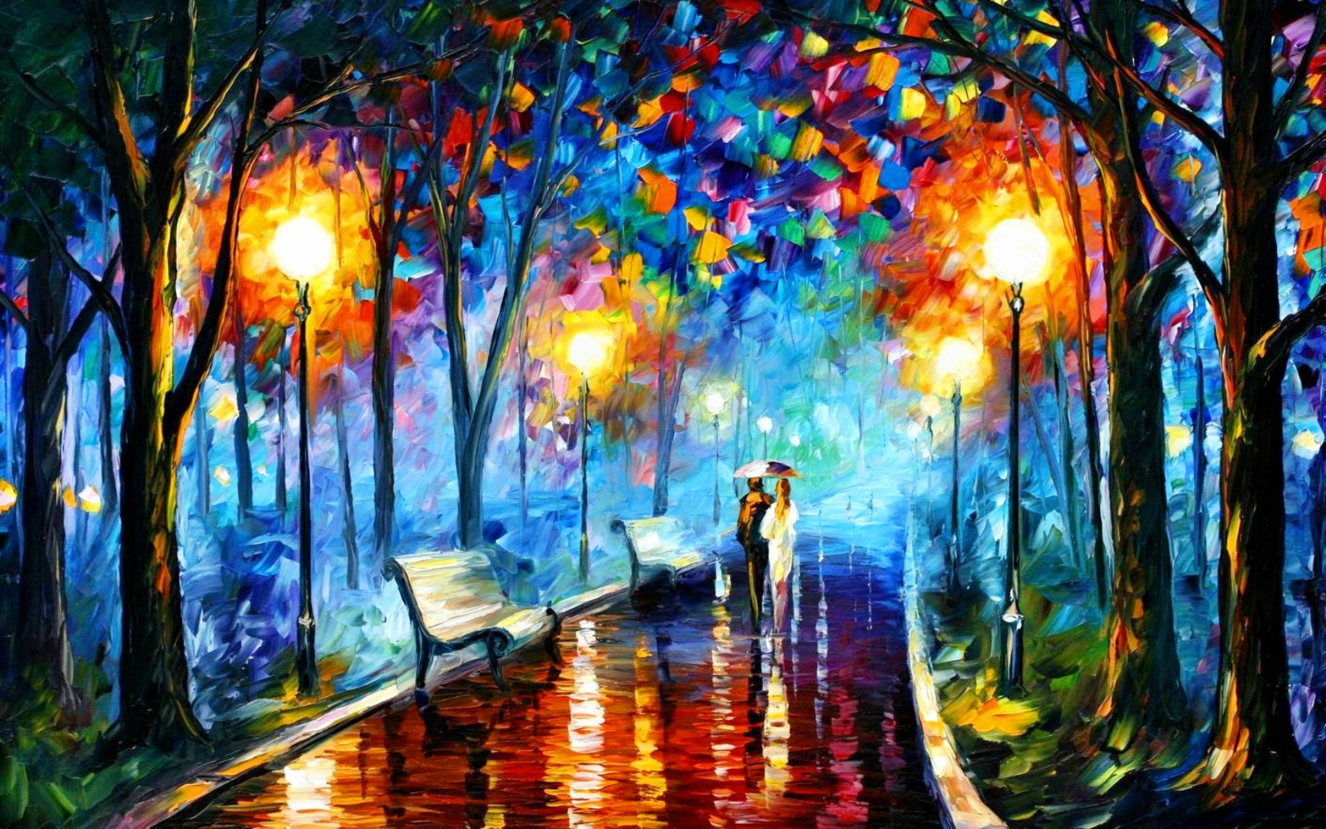 A colorful, impressionistic painting of a couple walking in a park at night under an umbrella. The path is wet and reflects the light from the street lamps, creating a romantic atmosphere