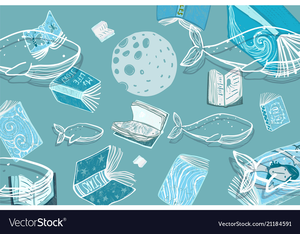 Books Whales And A Moon Background Royalty Vector Image