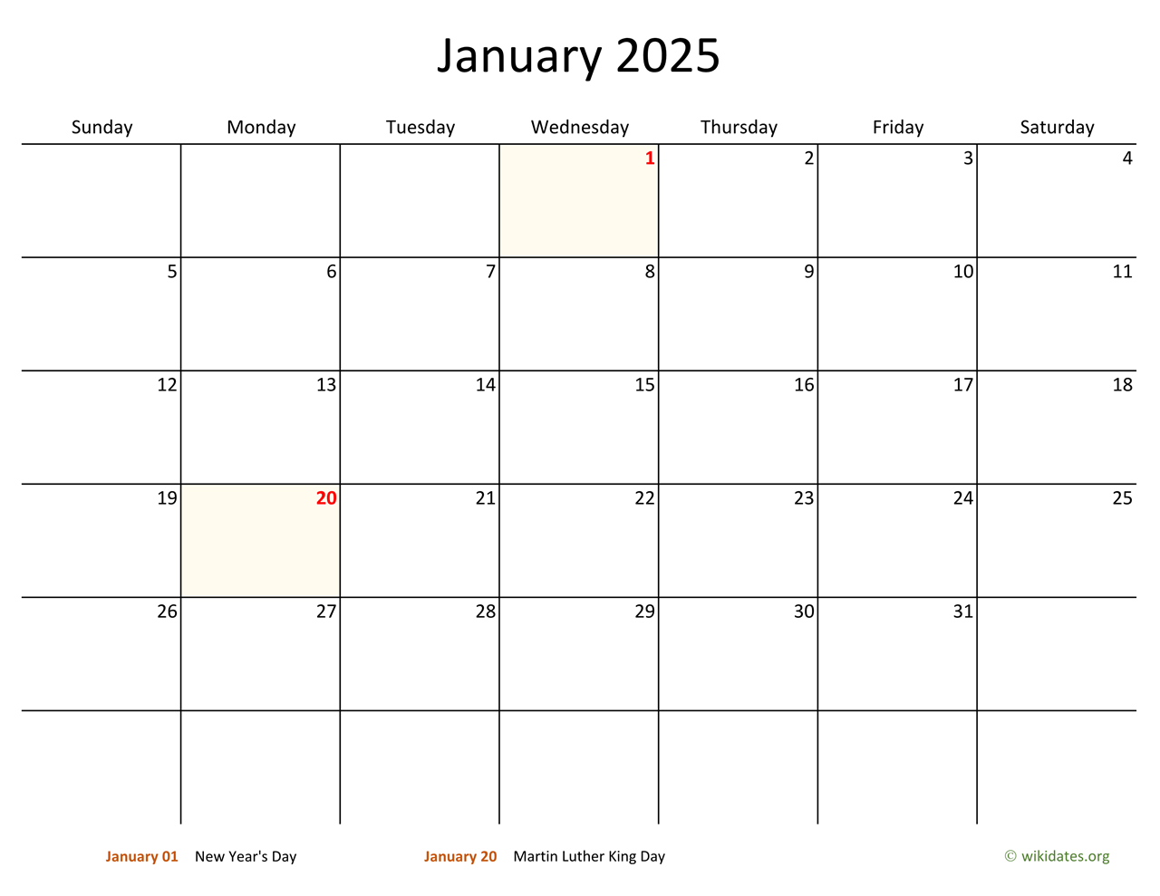 January 2025 calendar with highlighted holidays