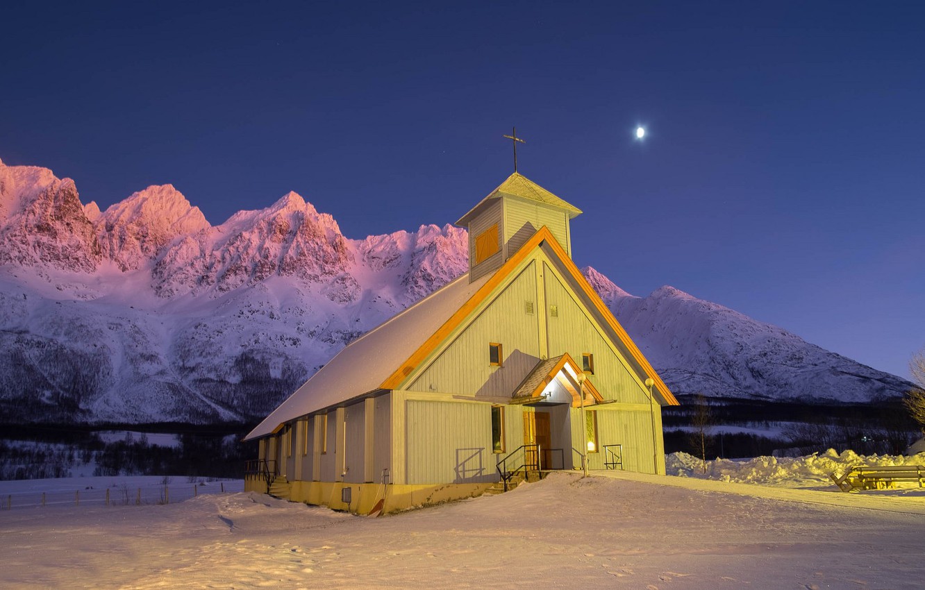 Wallpaper Winter Night Norway Church Troms County