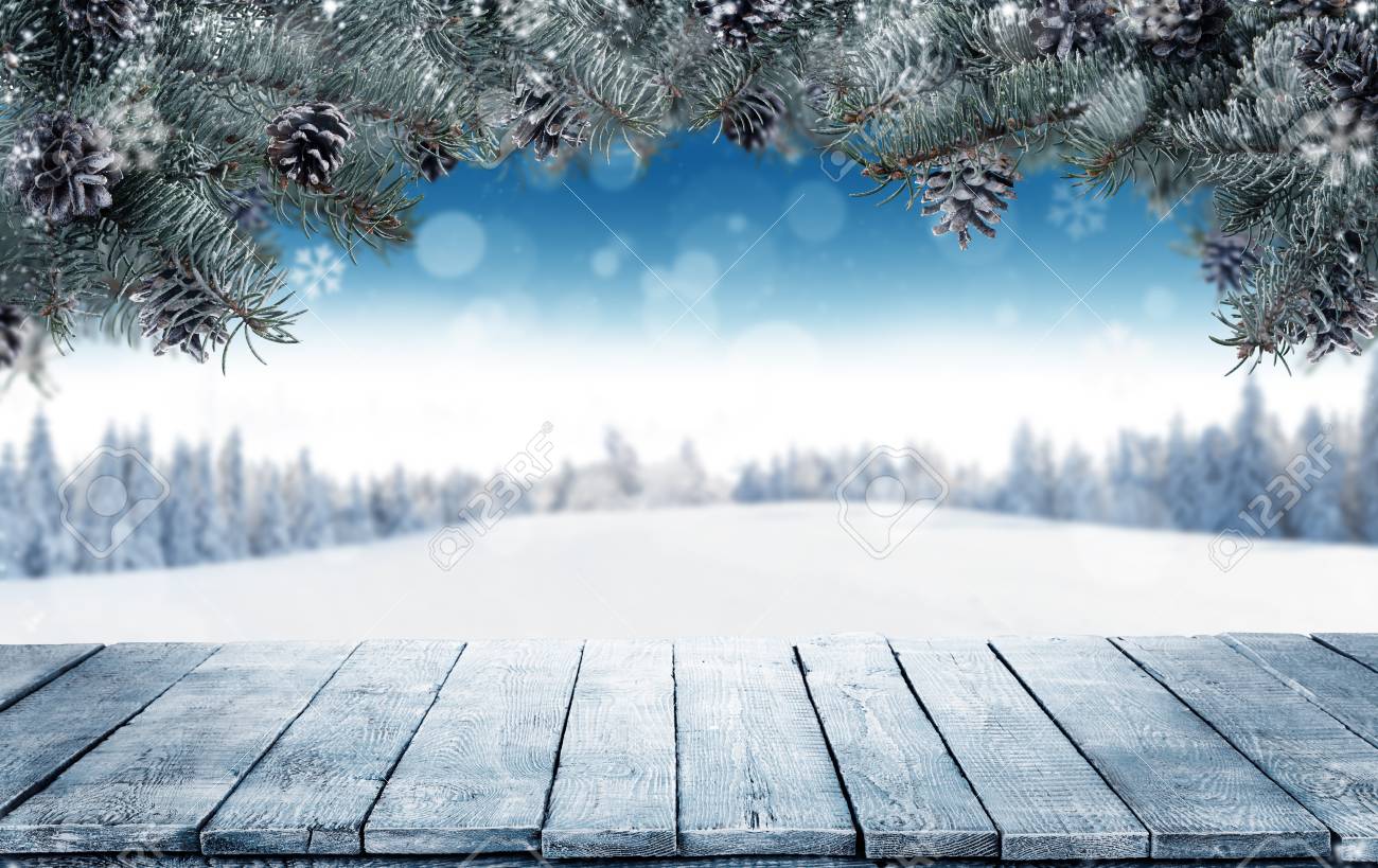 Winter Background With Empty Wooden Planks And Fir Branches