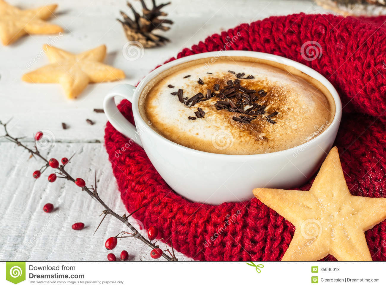 Winter Cappuccino Coffee In A White Cup With Star Shaped Christmas