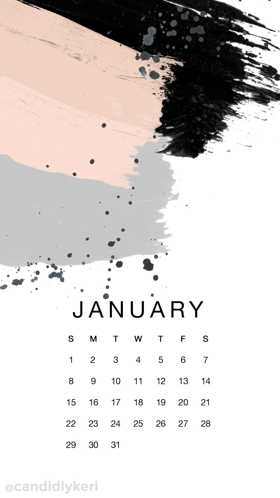Paint Strokes Black Grey Gray And Pink January Calendar