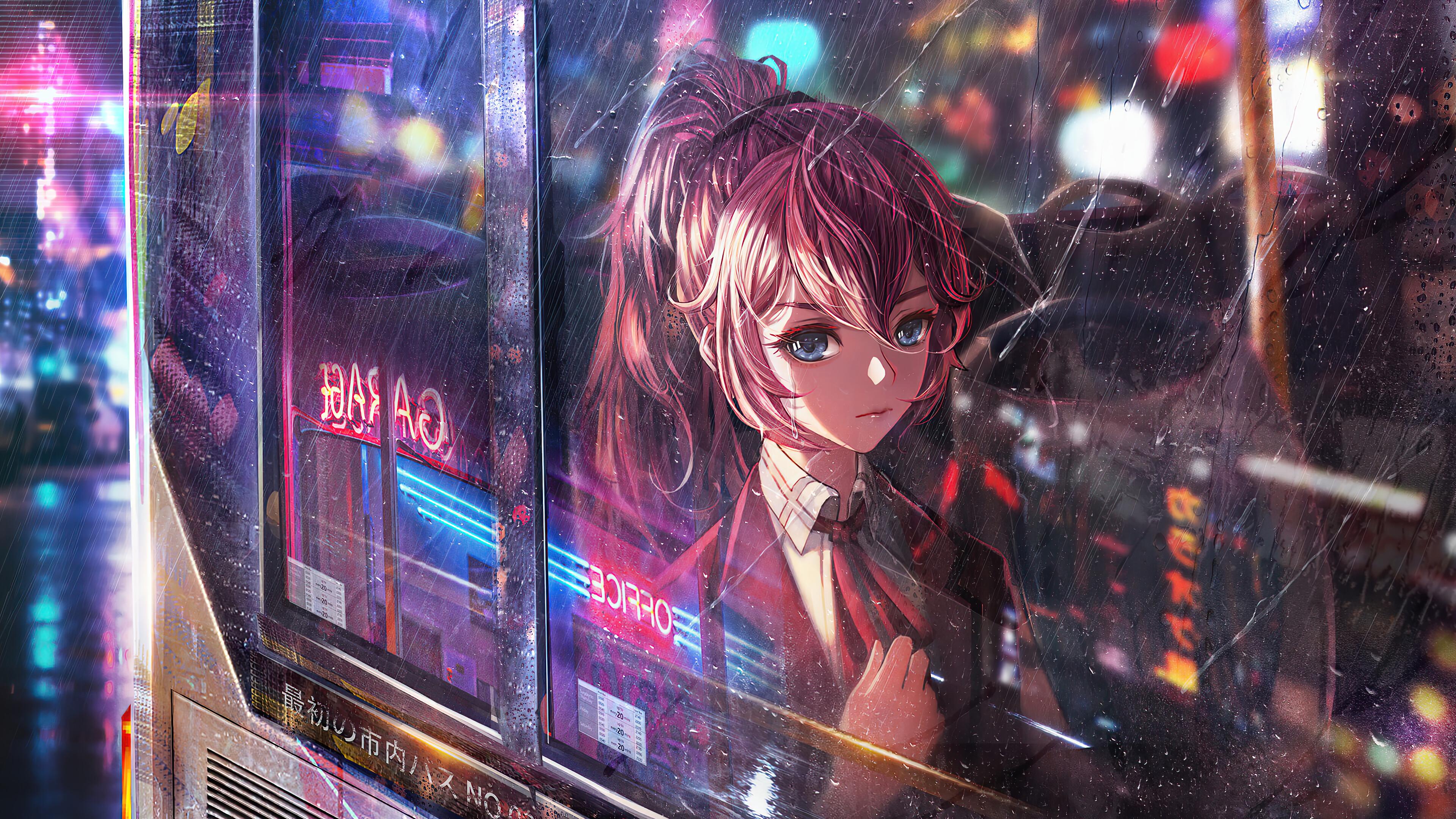 Anime Girl Student Riding Bus Raining 4k Wallpaper