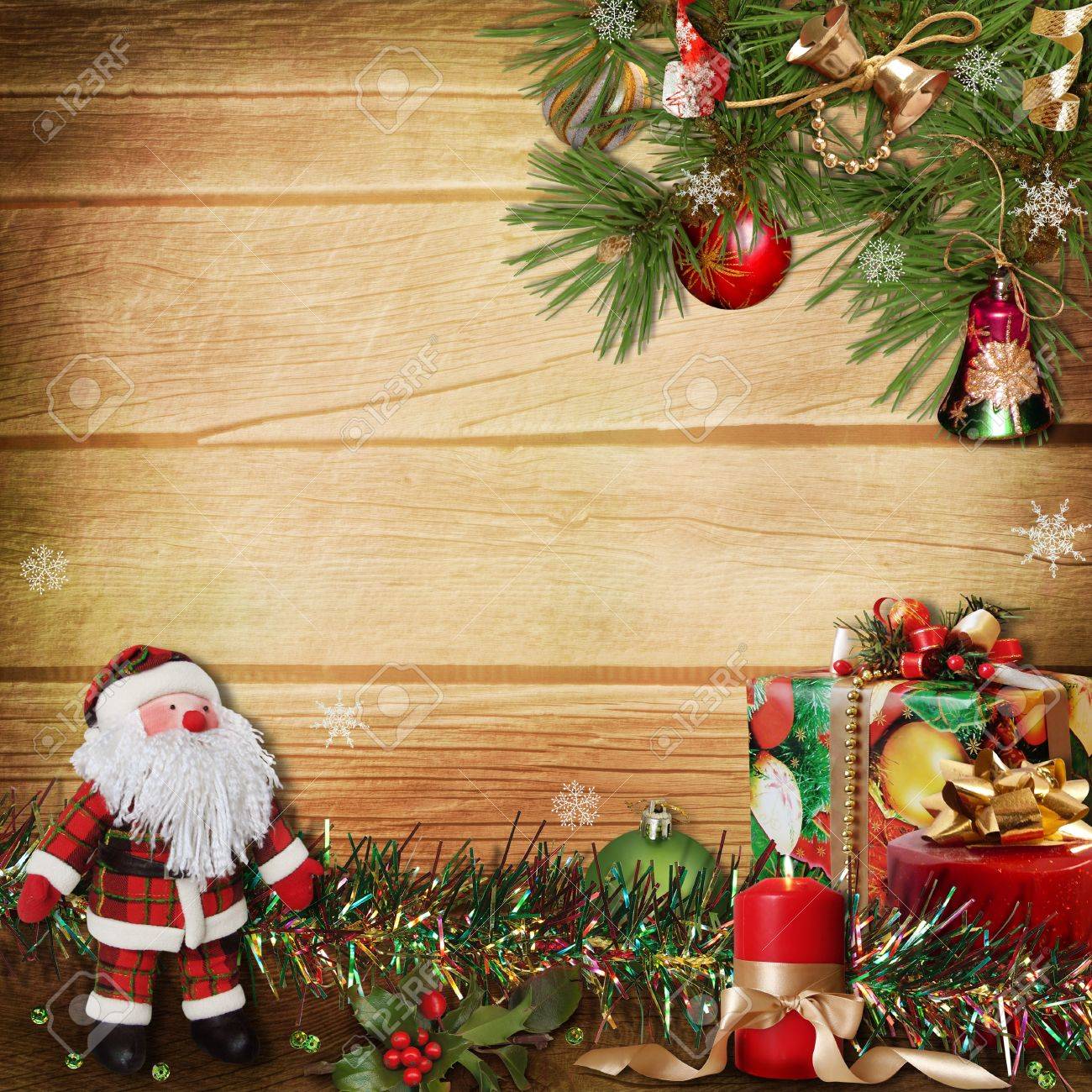 Christmas Scene On A Wooden Background Stock Photo Picture And