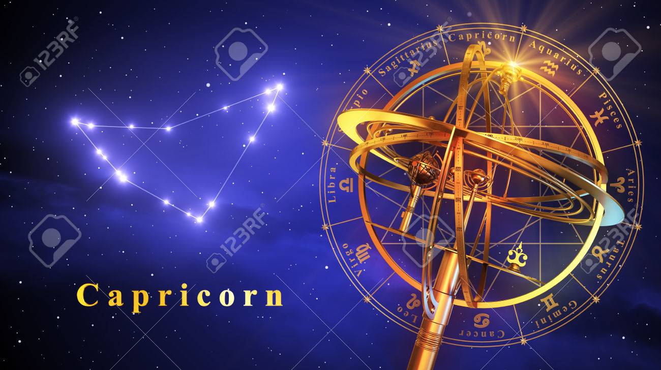 Armillary Sphere And Constellation Capricorn Over Blue Background