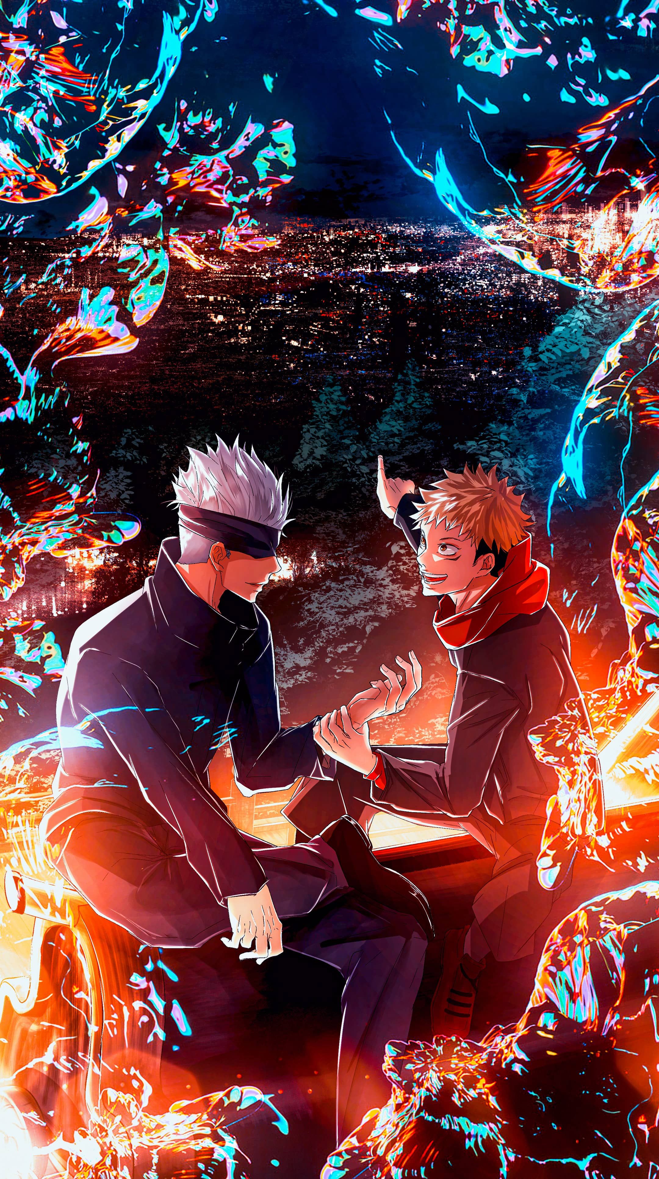 Yuji Itadori and Satoru Gojo in a dramatic scene, overlooking a vibrant cityscape at night. From Jujutsu Kaisen