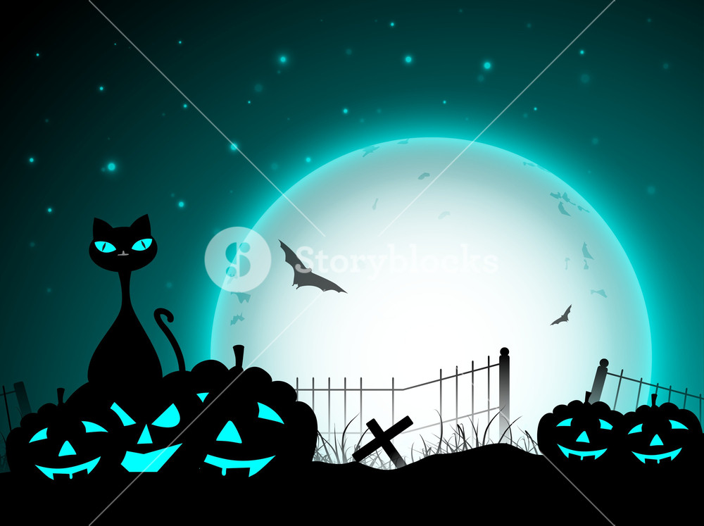 Halloween Night Background With Black Cat And Scary Pumpkins