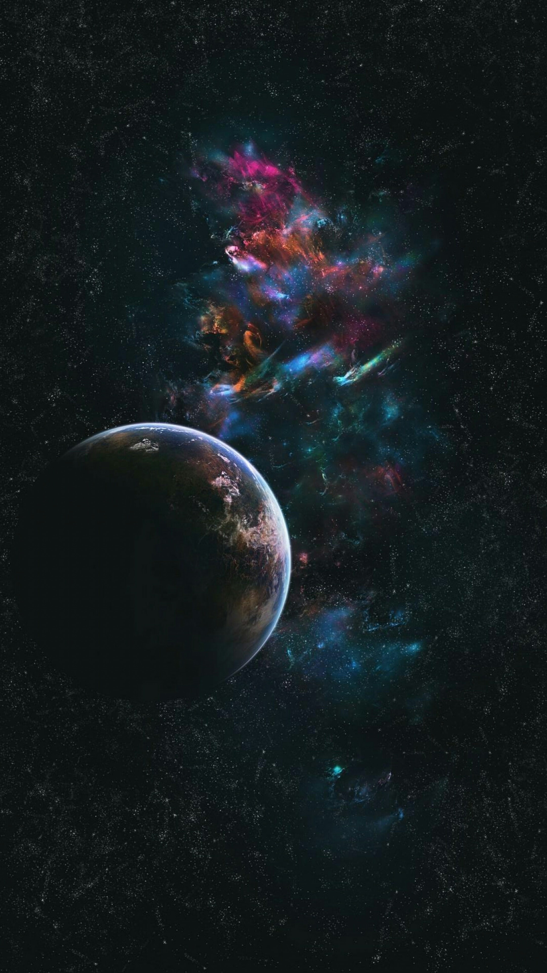 A breathtaking phone wallpaper showcasing a dark, mysterious planet partially illuminated, set against a vibrant backdrop of colorful nebulae and a star-studded cosmic expanse