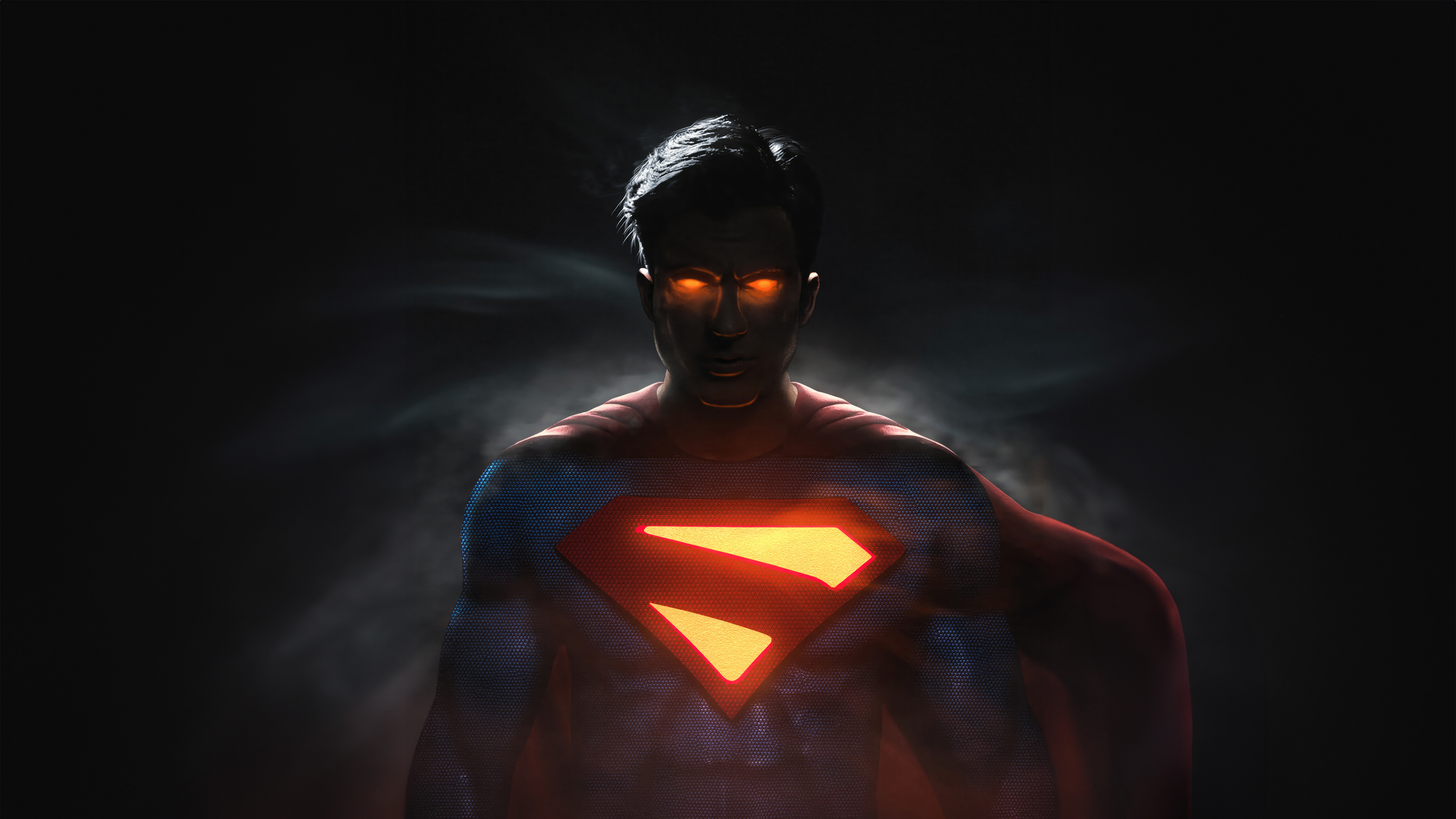 A dark, dramatic illustration of Superman with glowing eyes and an illuminated 'S' symbol on his chest