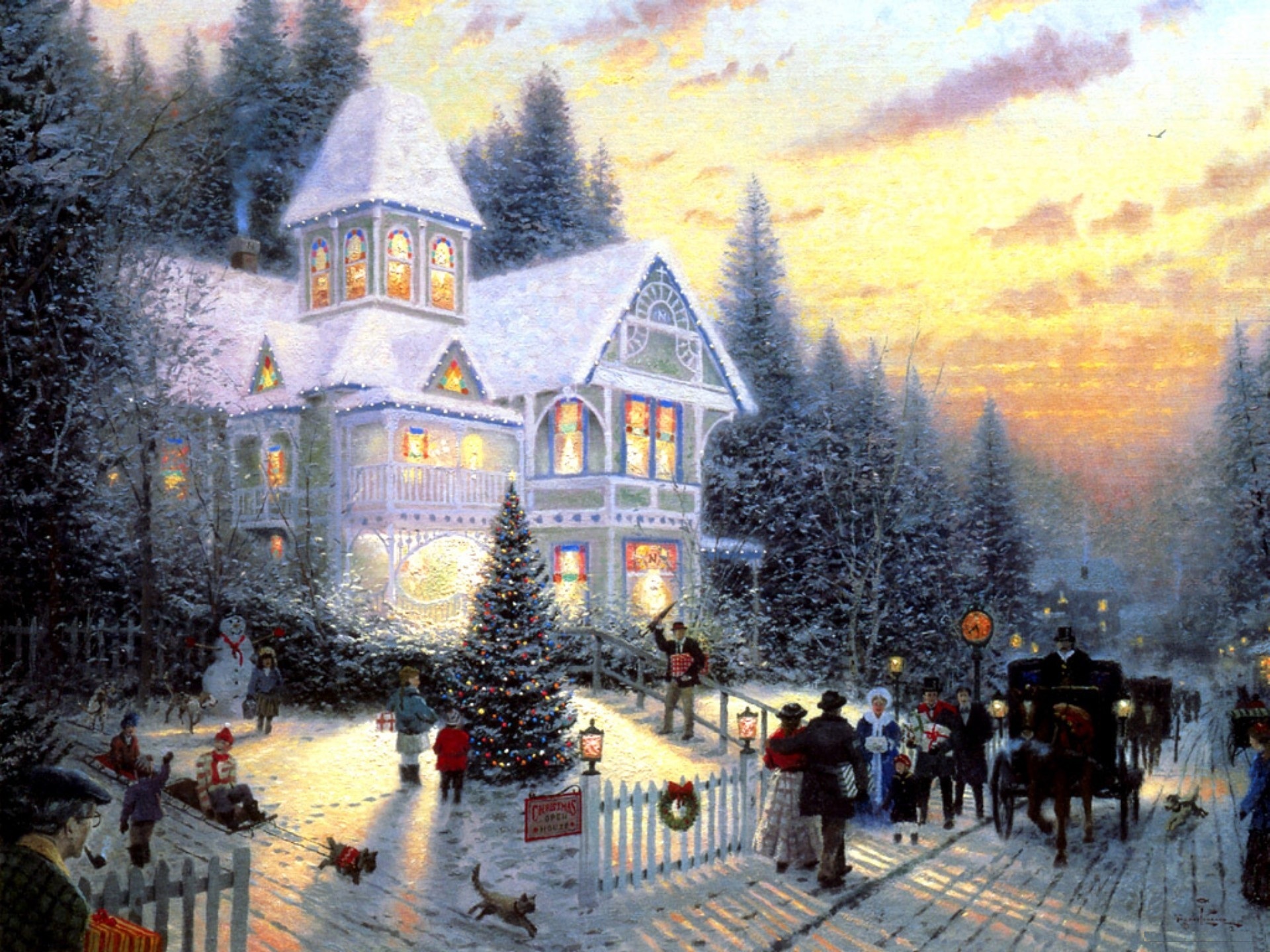 Wallpaper Victorian Christmas Thomas Kinkade Cottage Tree