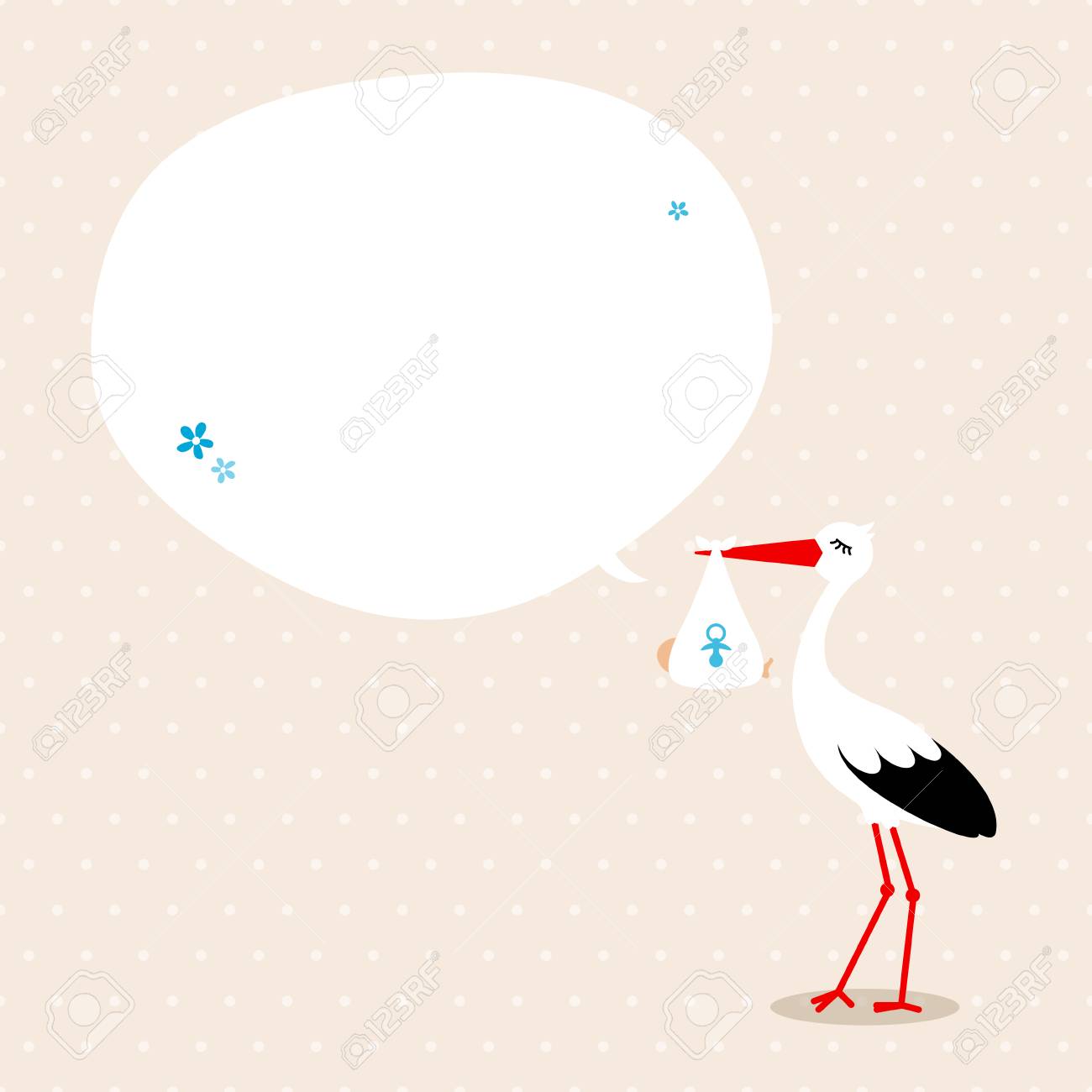 Stork With Baby Boy Speech Bubble Beige Background Dots Royalty 1300x1300